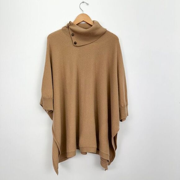 Soft by Naadam Women’s Tan Cashmere Button Turtleneck Oversized Poncho Sweater - Picture 2 of 8